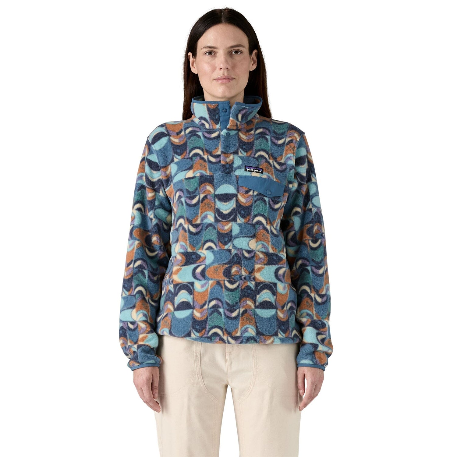 Patagonia W's Lightweight Synchilla Snap-T Fleece Pullover - Recycled Polyester Swallowtail Geo : Still Blue Shirt